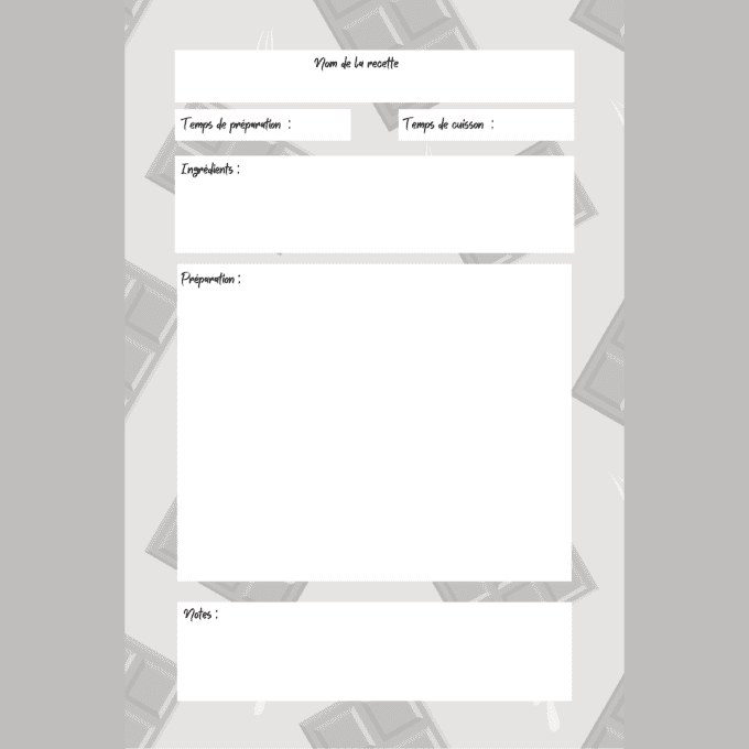 Fiche recette à compléter pour classeur
