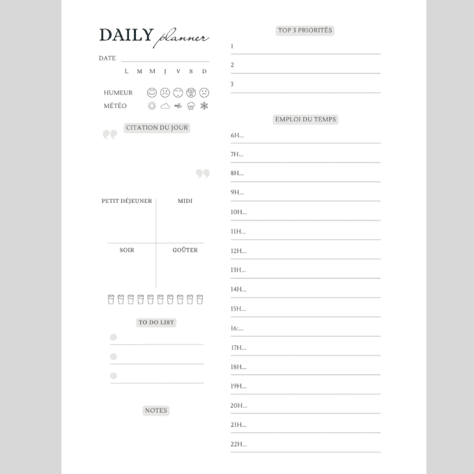Fiche agenda pour classeur