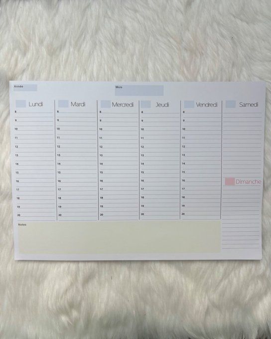 Planner hebdomadaire 50 semaines avec horaires